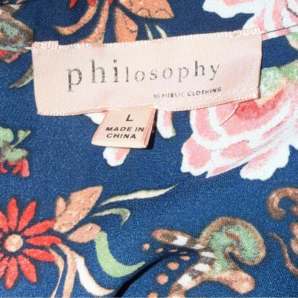 Philosophy Navy Floral Split Neck Short Sleeve Blouse Size L - Picture 5 of 8